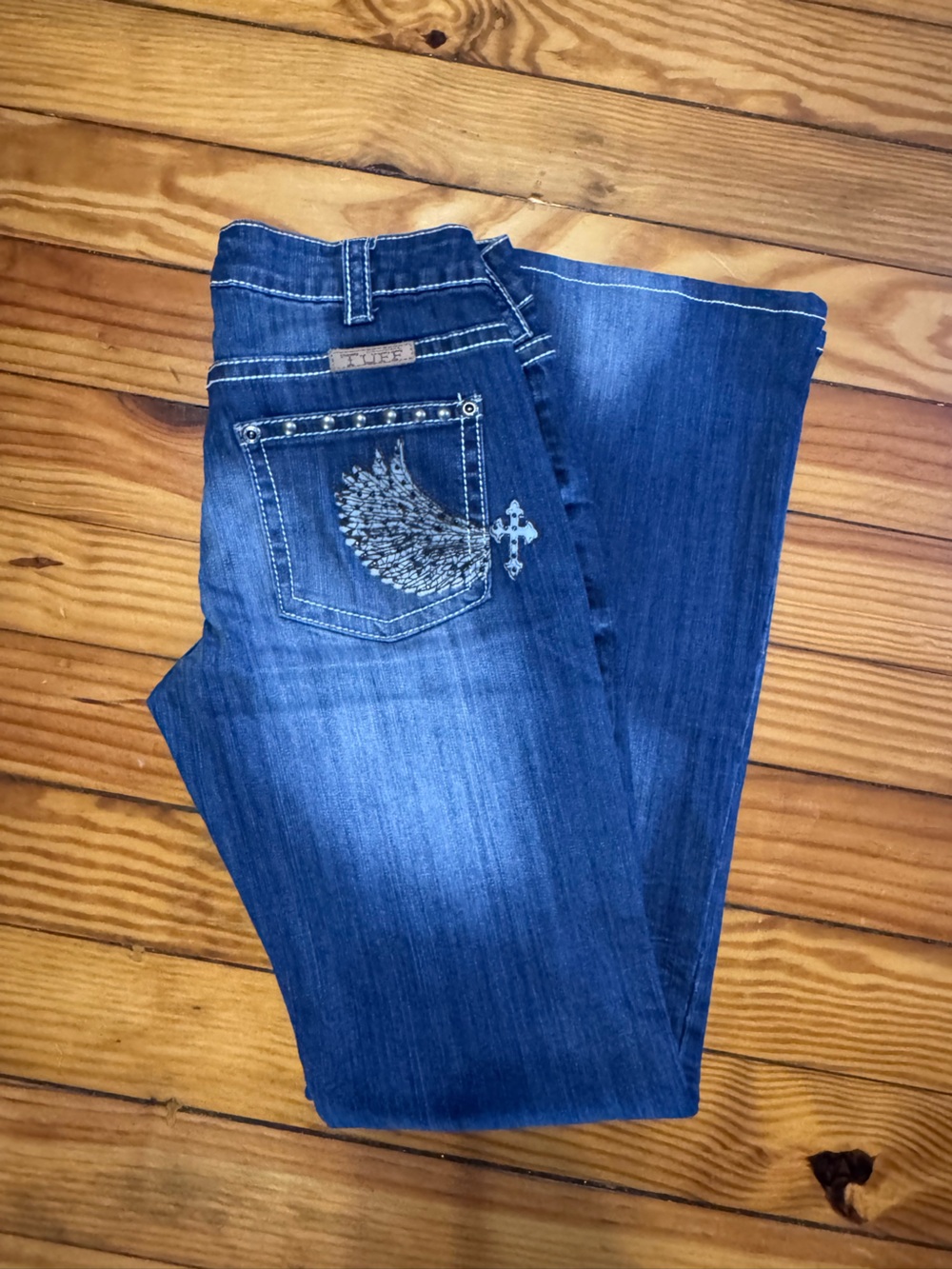 Cowgirl Tuff Dark Blue Embroidered Wing Bootcut Jeans
